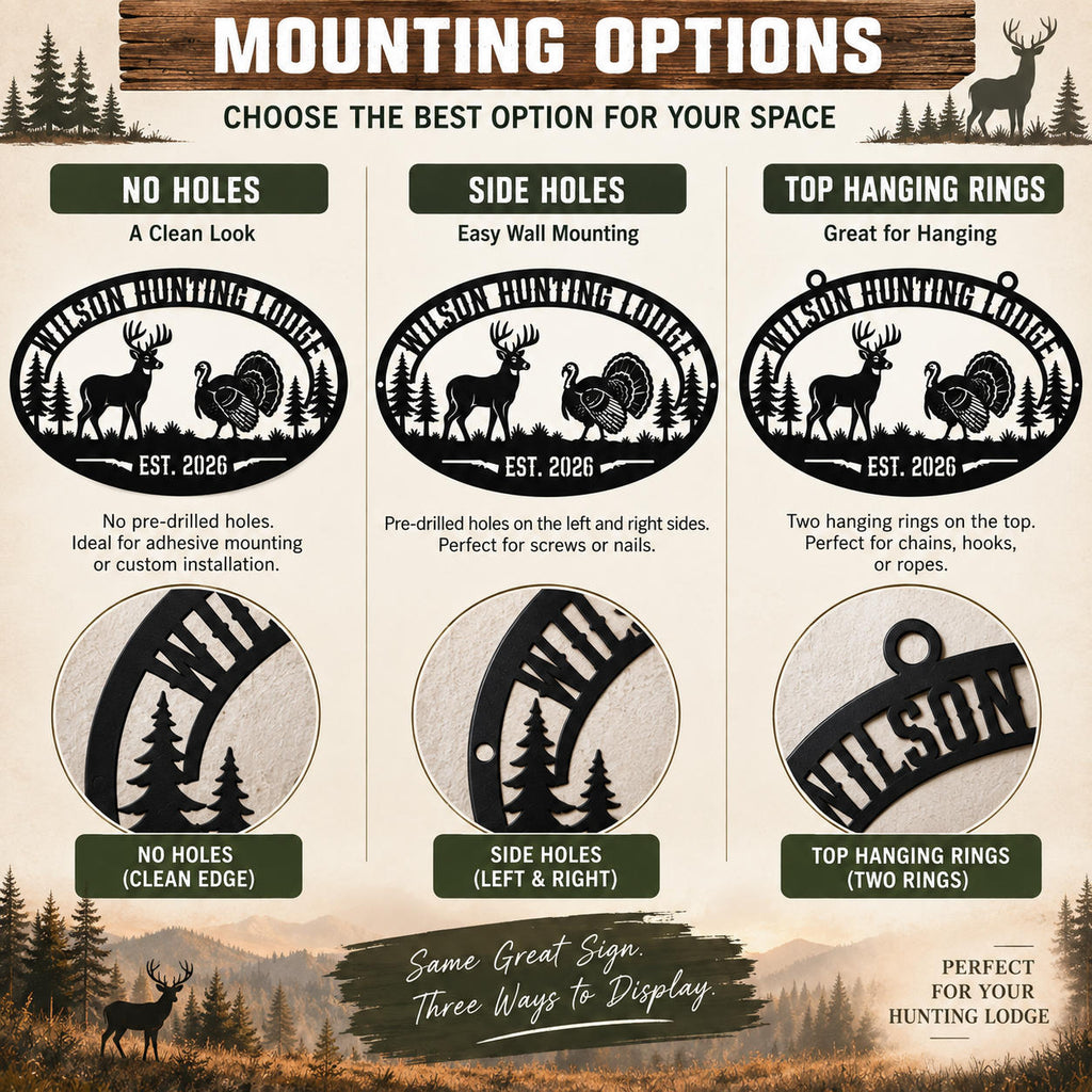 Mounting options for a personalized hunting lodge metal sign including no holes, side holes and top hanging rings.