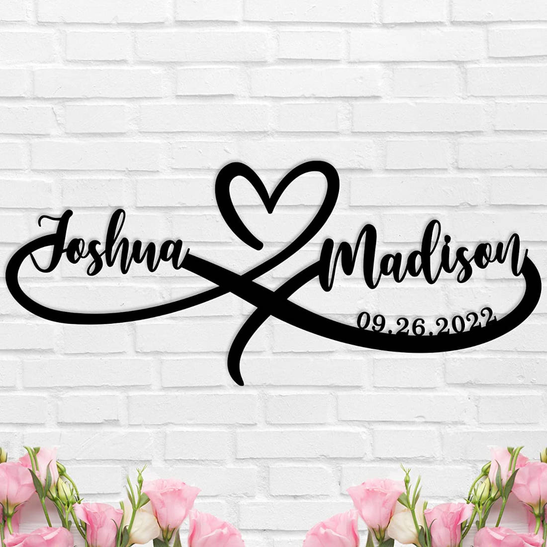Personalized heart name metal sign with infinity loop, featuring two names and a date – romantic wall décor for couples Main image