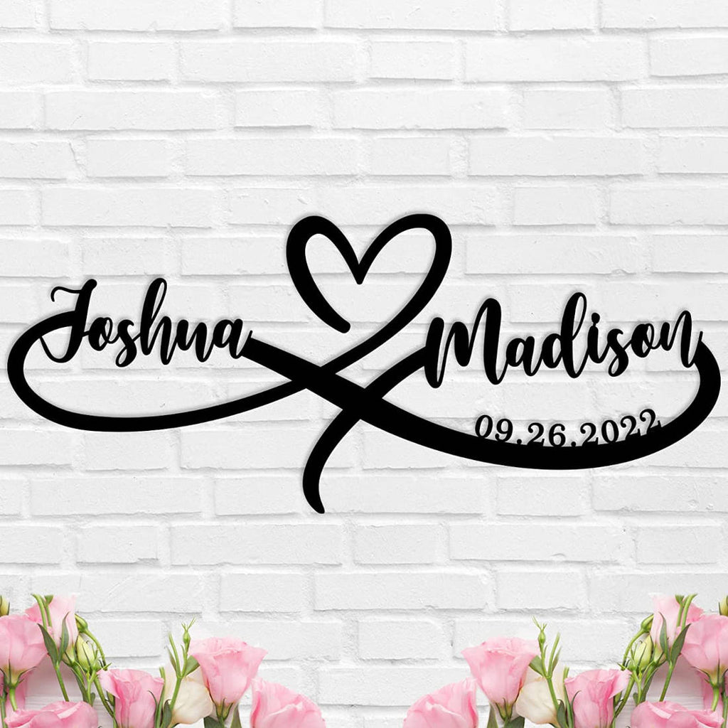 Personalized heart name metal sign with infinity loop, featuring two names and a date – romantic wall décor for couples