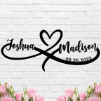 Personalized heart name metal sign with infinity loop, featuring two names and a date – romantic wall décor for couples