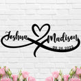Personalized heart name metal sign with infinity loop, featuring two names and a date – romantic wall décor for couples