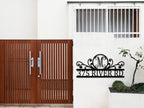 Monogram scroll metal address sign with custom house number, personalized laser-cut steel plaque with powder-coated finish, elegant outdoor wall decor
