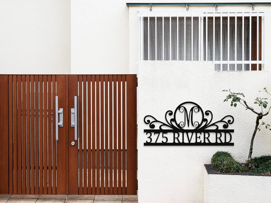 Monogram scroll metal address sign with custom house number, personalized laser-cut steel plaque with powder-coated finish, elegant outdoor wall decor