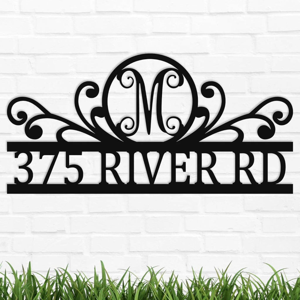 Monogram scroll metal address sign with custom house number, personalized laser-cut steel plaque with powder-coated finish, elegant outdoor wall decor