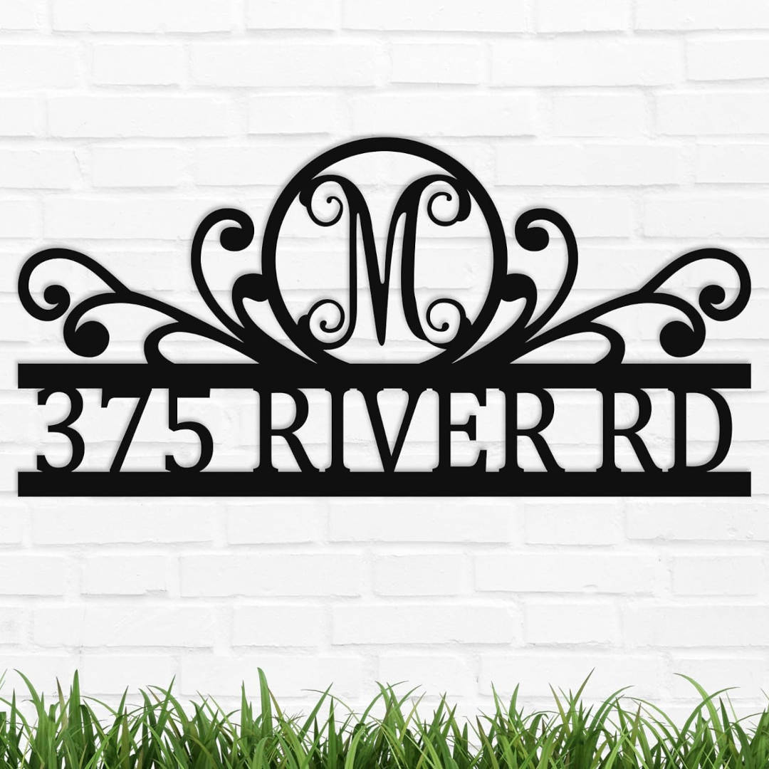 Monogram scroll metal address sign with custom house number, personalized laser-cut steel plaque with powder-coated finish, elegant outdoor wall decor