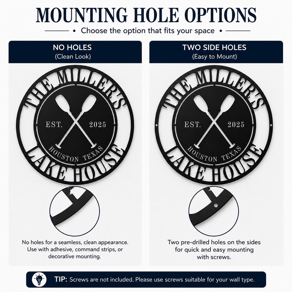 Mounting options for personalized metal kayak house sign featuring no holes and two side holes for different wall installation preferences.