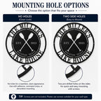 Mounting options for personalized metal kayak house sign featuring no holes and two side holes for different wall installation preferences.