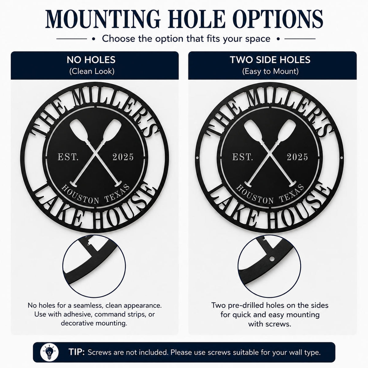 Mounting options for personalized metal kayak house sign featuring no holes and two side holes for different wall installation preferences.