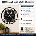 Personalization guide for a custom metal kayak house sign showing family name, house name, EST year and city customization options.