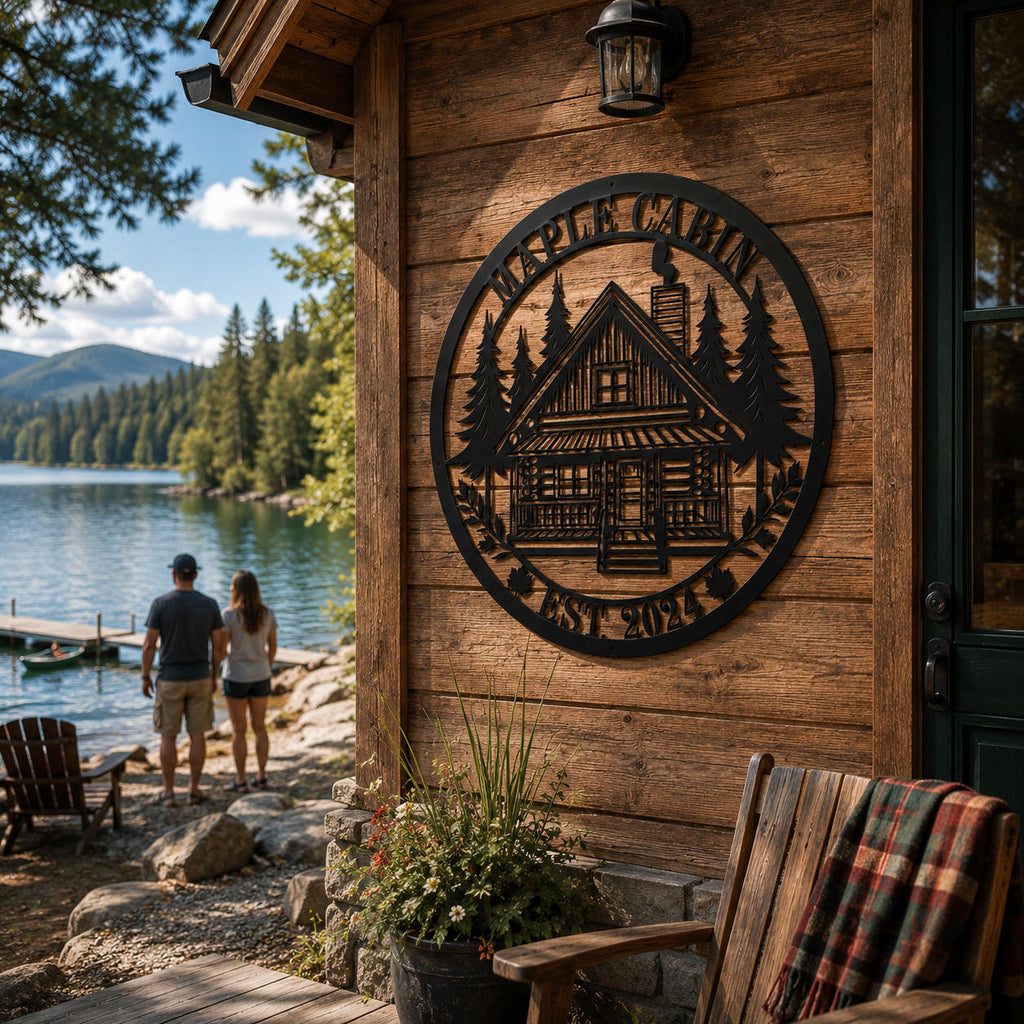 Custom maple cabin metal sign installed on a lakeside log cabin, personalized family name decor for lake house, vacation cabin, and woodland retreat.