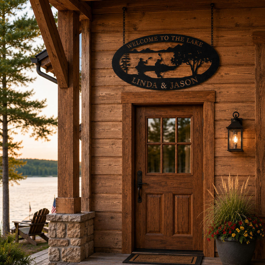 Personalized lake house metal sign hanging above a rustic cabin entrance with wooden wall and outdoor lighting
