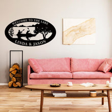 Custom Lake House Metal Sign with kayakers and trees – personalized steel wall art for cabins, lake houses, or outdoor décor