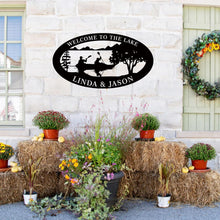 Custom Lake House Metal Sign with kayakers and trees – personalized steel wall art for cabins, lake houses, or outdoor décor
