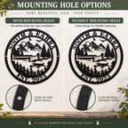 Comparison of a personalized lake house metal sign with mounting holes and without mounting holes.
