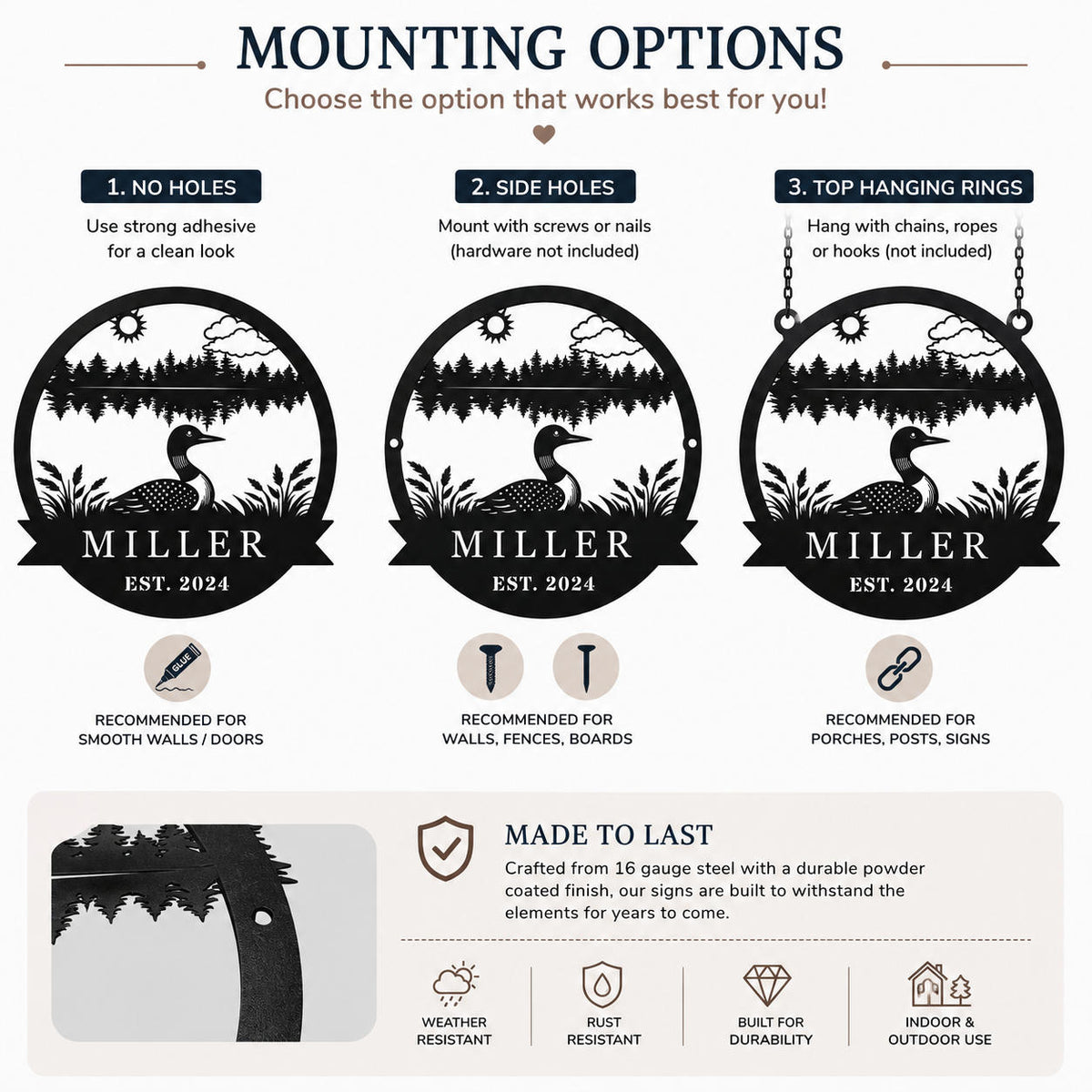 Mounting options for a personalized loon metal sign including no holes, two side holes, and top hanging rings.