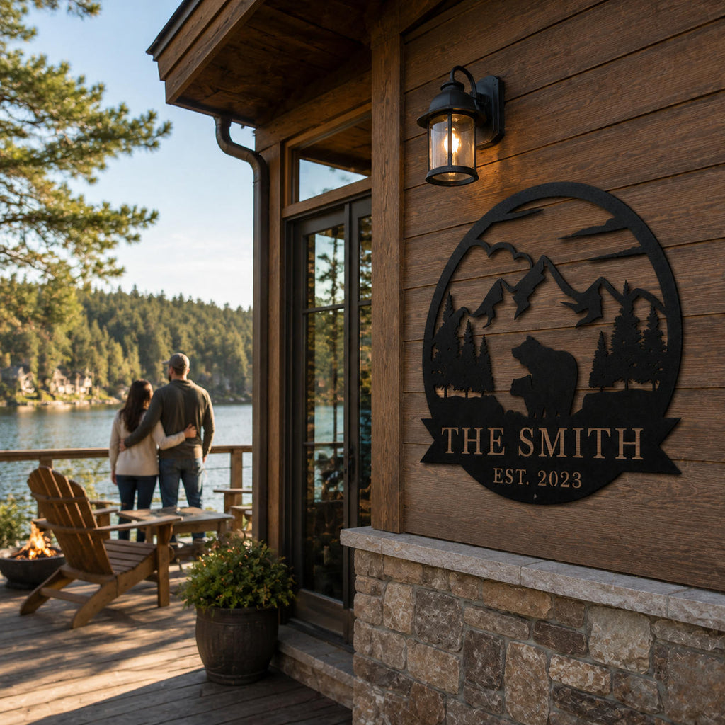 Personalized mountain bear metal sign displayed on a lake house exterior with rustic outdoor living area