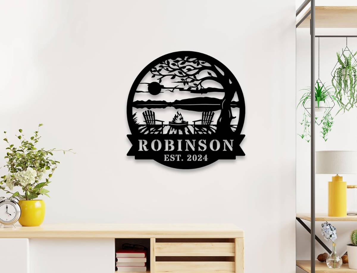 Personalized metal lakehouse sign with firepit, Adirondack chairs, and custom name and year, laser-cut from premium steel and powder-coated for outdoor or indoor use.