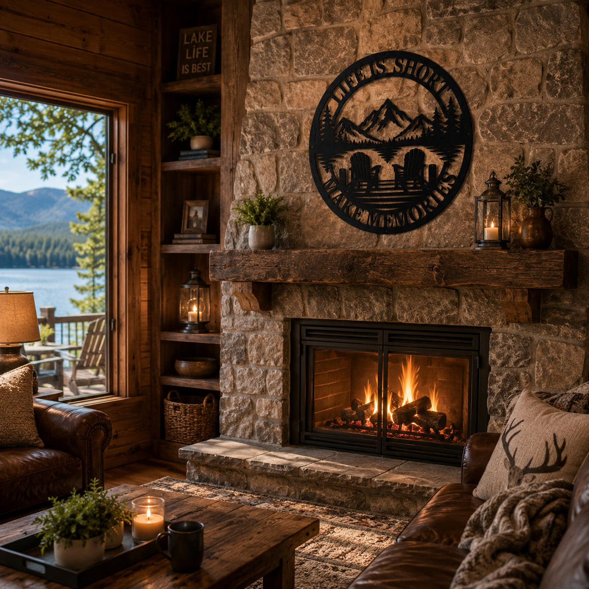 Round metal mountain lake wall sign displayed above a rustic stone fireplace in a cozy cabin living room.