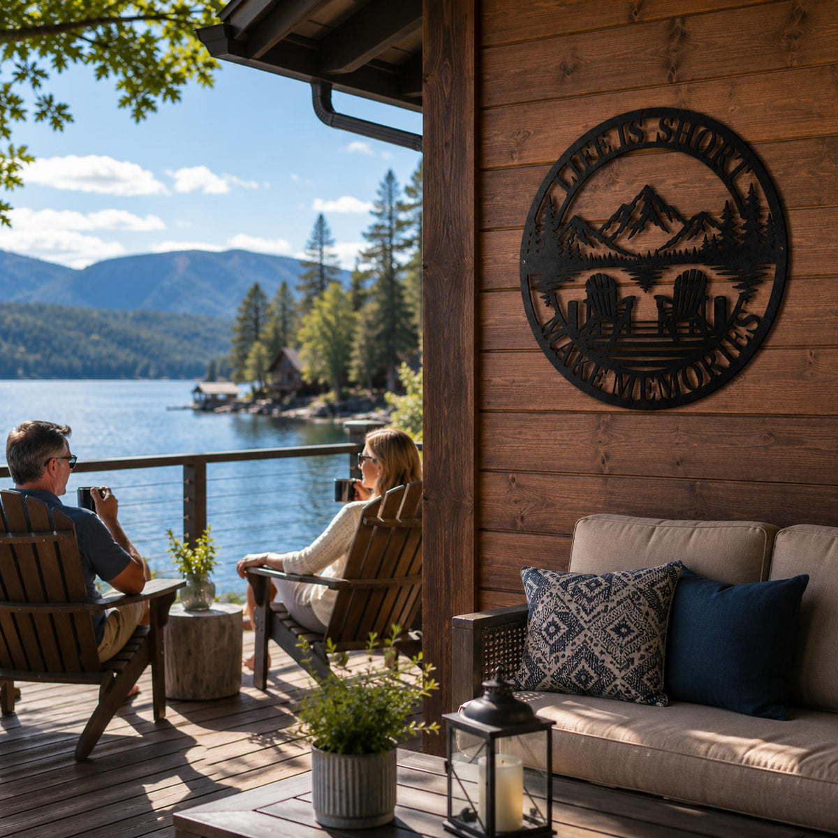 Decorative round metal lake sign displayed on a cozy lakeside deck overlooking the mountains and water.