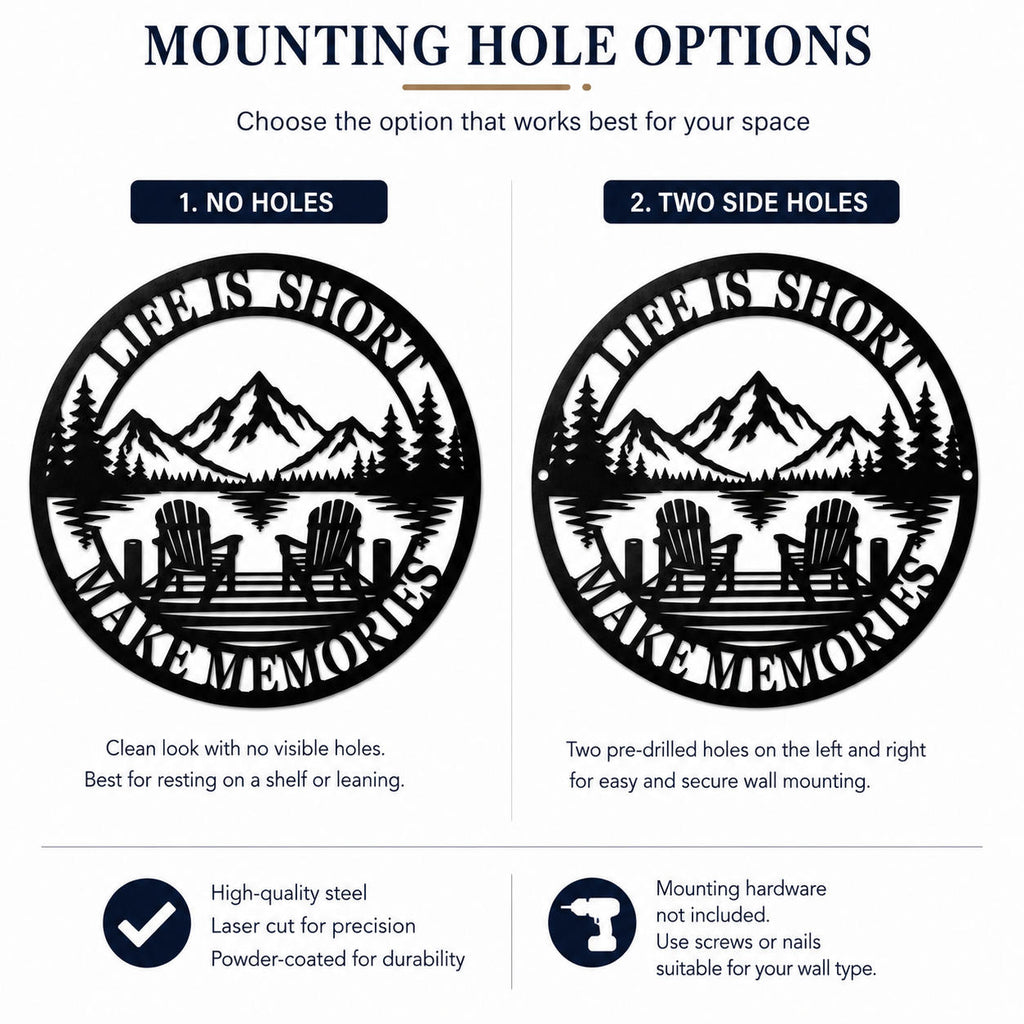 Comparison of no holes and two side mounting hole options for a round metal lake house wall sign.