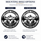 Comparison of no holes and two side mounting hole options for a round metal lake house wall sign.