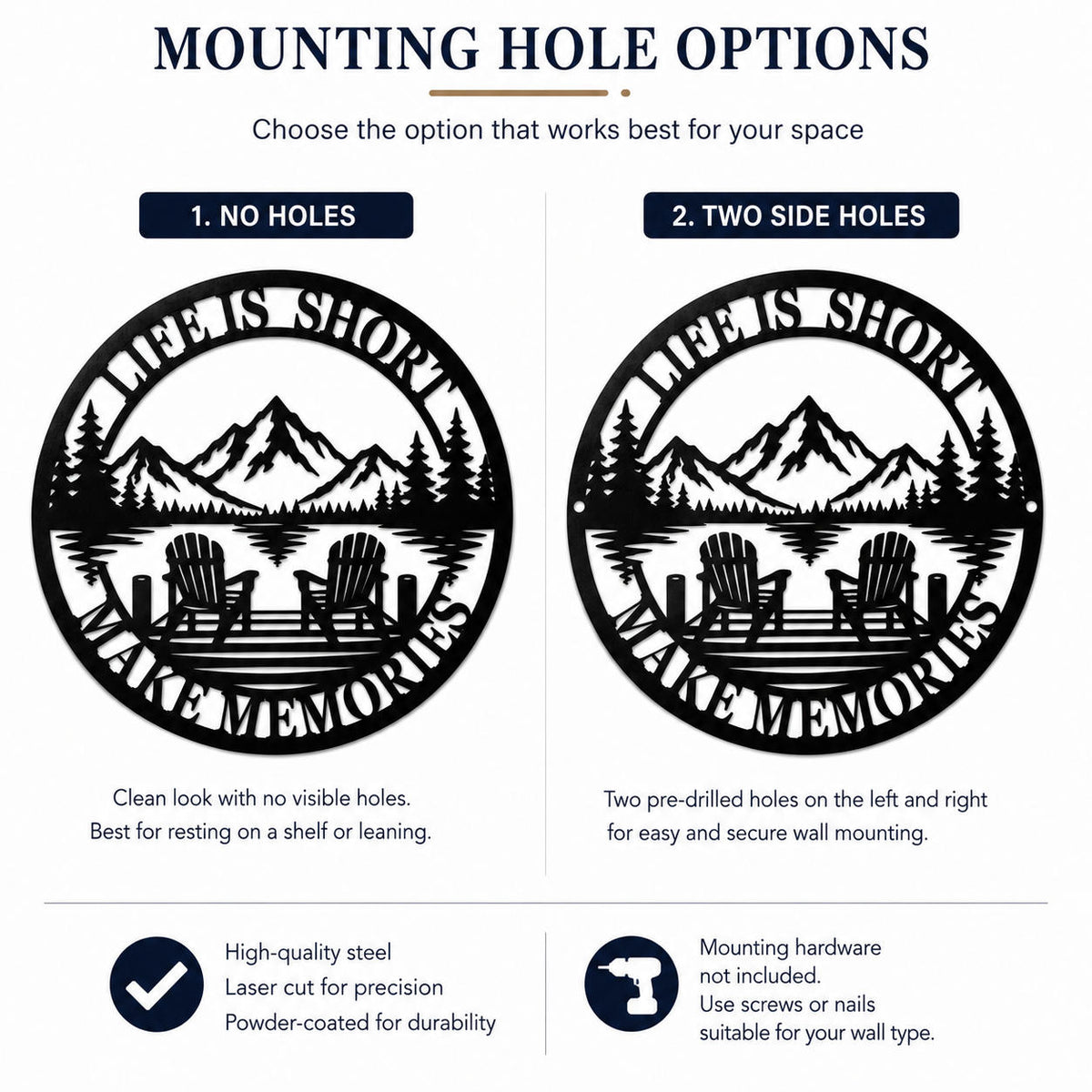 Comparison of no holes and two side mounting hole options for a round metal lake house wall sign.