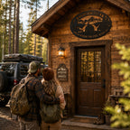 Rustic metal camping sign displayed above a cabin entrance with a couple and off-road vehicle.