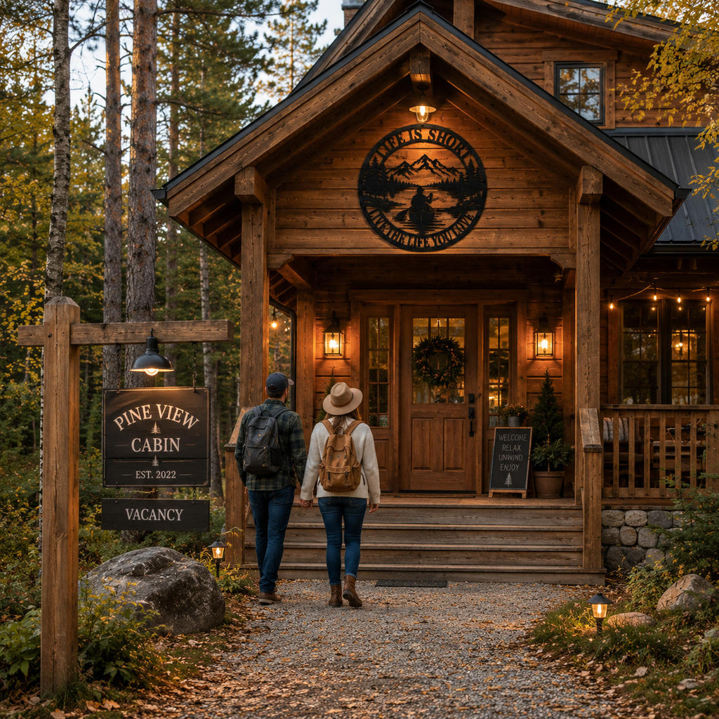 Round metal wall sign decorating the entrance of a woodland vacation cabin, creating a welcoming rustic lodge atmosphere.