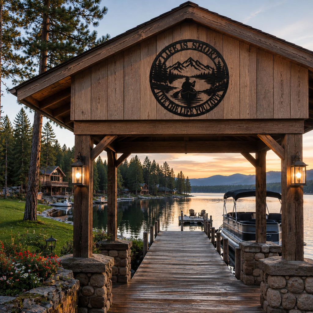Decorative round metal wall sign displayed on a lakeside boathouse overlooking a peaceful mountain lake at sunset.