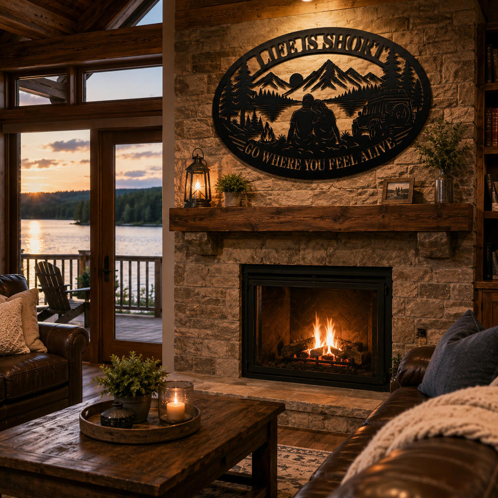 Decorative oval camping metal sign above a fireplace in a cozy lake house.