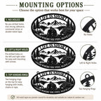 Mounting hole options for an oval metal camping sign showing no holes, top and bottom, left and right, and four-hole configurations.