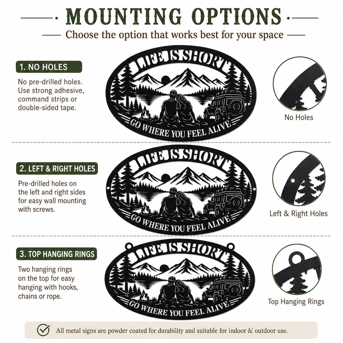 Mounting hole options for an oval metal camping sign showing no holes, top and bottom, left and right, and four-hole configurations.