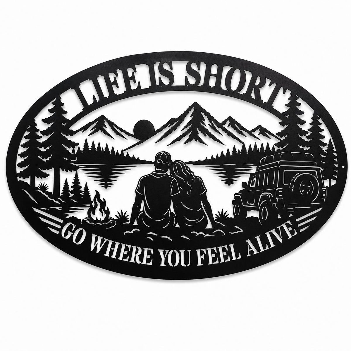 Black oval metal camping wall sign with mountain, lake, couple, campfire, and off-road vehicle design on a white background. Main image