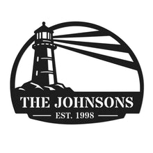 Custom lighthouse metal sign with personalized family name and established year, coastal laser cut steel wall decor for beach house, lake house, or seaside home