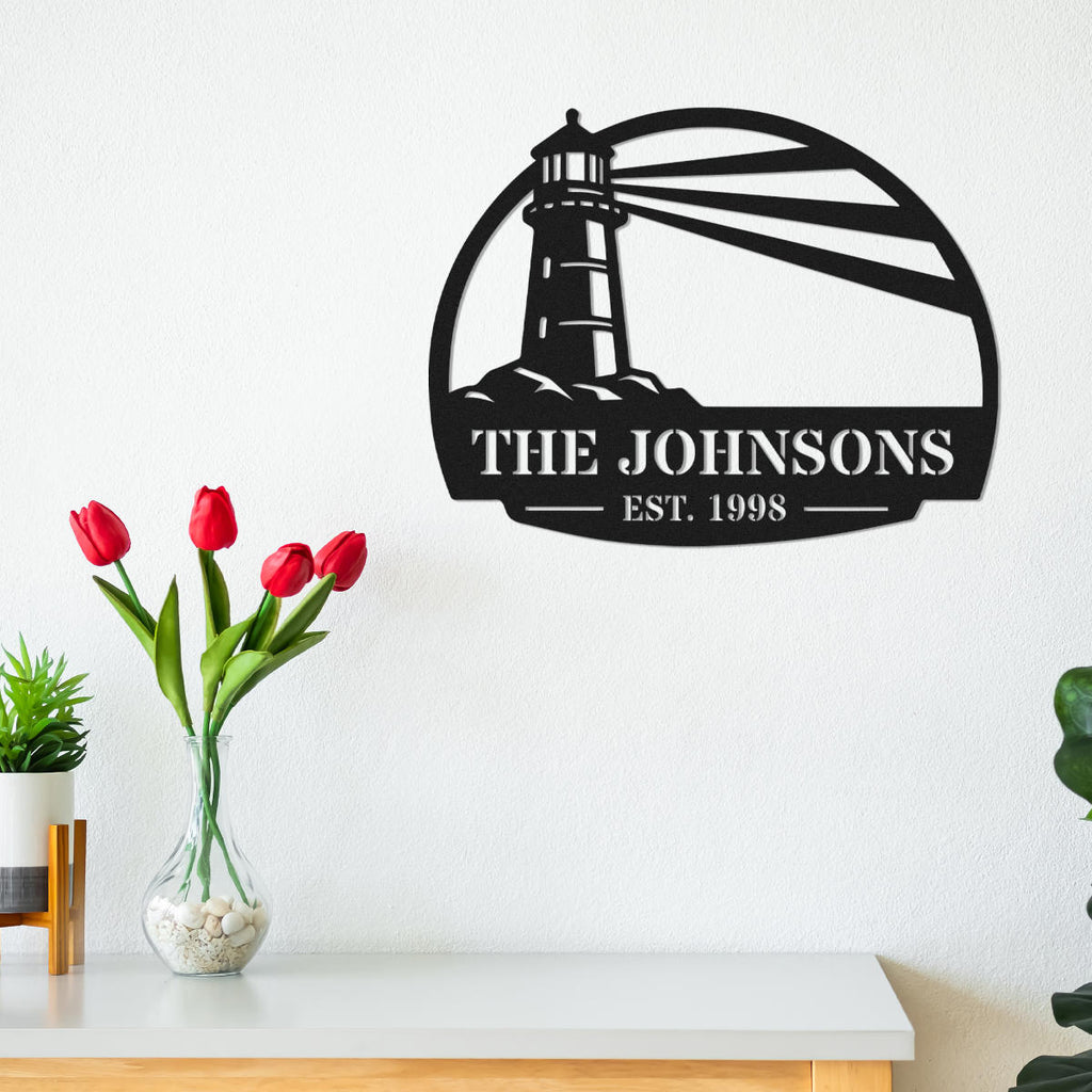 Custom lighthouse metal sign with personalized family name and established year, coastal laser cut steel wall decor for beach house, lake house, or seaside home