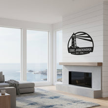 Custom lighthouse metal sign with personalized family name and established year, coastal laser cut steel wall decor for beach house, lake house, or seaside home
