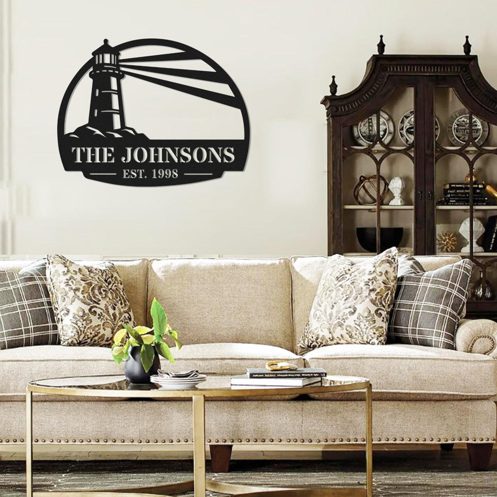 Custom lighthouse metal sign with personalized family name and established year, coastal laser cut steel wall decor for beach house, lake house, or seaside home