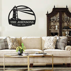 Custom lighthouse metal sign with personalized family name and established year, coastal laser cut steel wall decor for beach house, lake house, or seaside home