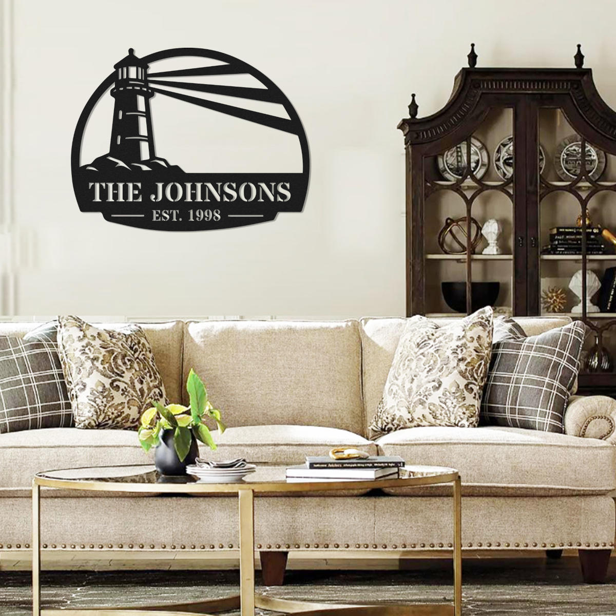 Custom lighthouse metal sign with personalized family name and established year, coastal laser cut steel wall decor for beach house, lake house, or seaside home