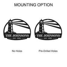 Custom lighthouse metal sign with personalized family name and established year, coastal laser cut steel wall decor for beach house, lake house, or seaside home