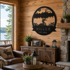 Personalized Miller loon metal wall sign displayed as rustic decor inside a cozy lakeside cabin.