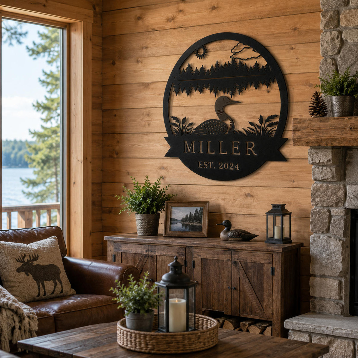 Personalized Miller loon metal wall sign displayed as rustic decor inside a cozy lakeside cabin.