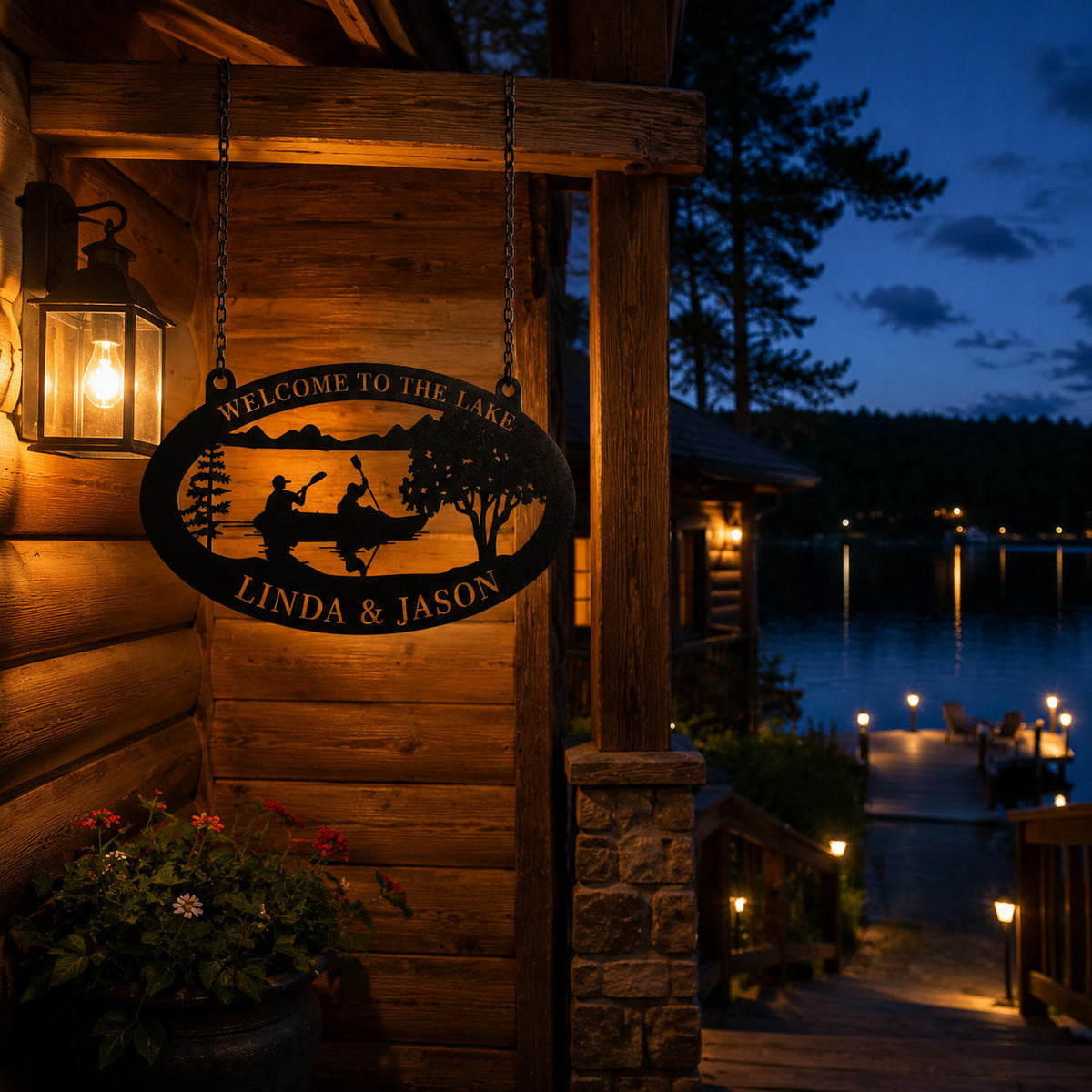 Elegant personalized metal lake cabin sign illuminated by warm outdoor lighting at night