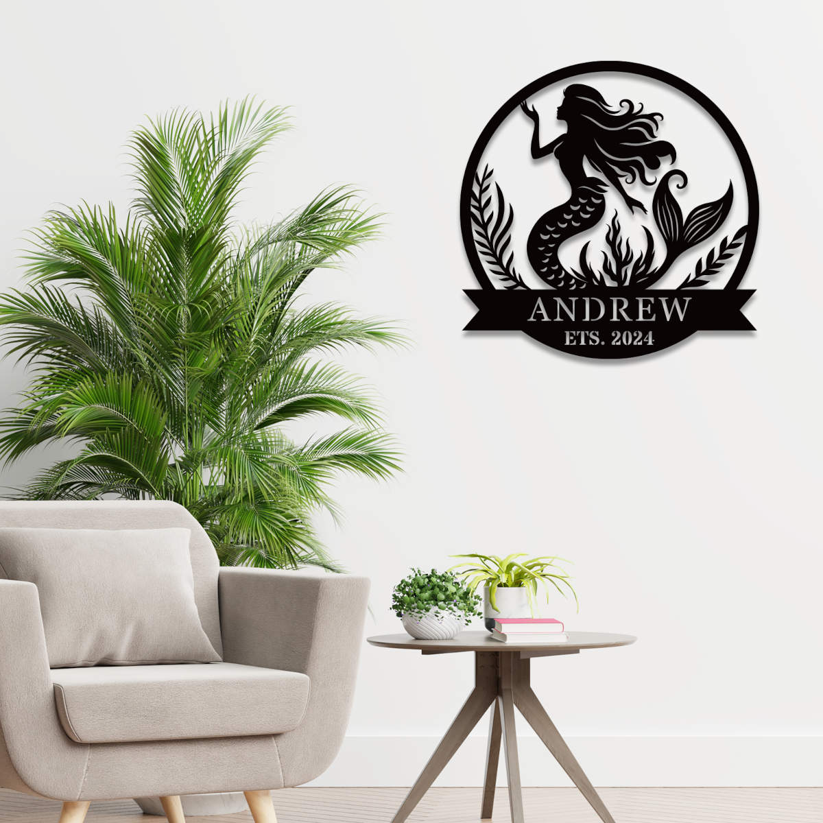 Custom metal mermaid sign featuring a graceful silhouette with sea plants, personalized with name and EST. date, laser-cut from steel and powder-coated.
