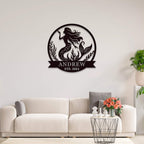 Custom metal mermaid sign featuring a graceful silhouette with sea plants, personalized with name and EST. date, laser-cut from steel and powder-coated.