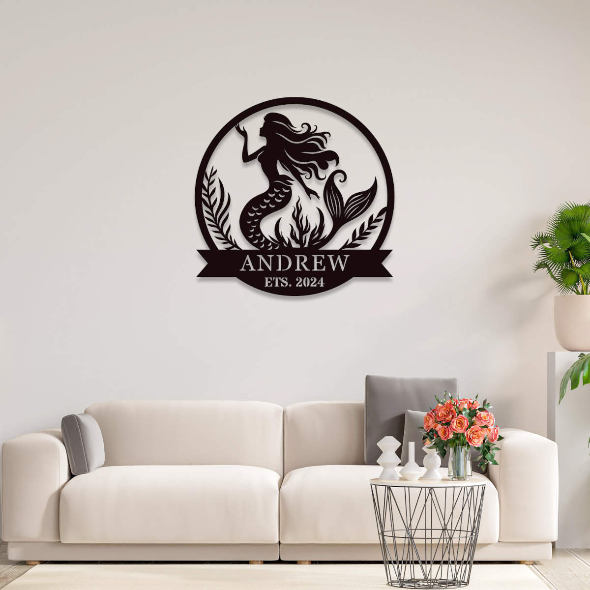 Custom metal mermaid sign featuring a graceful silhouette with sea plants, personalized with name and EST. date, laser-cut from steel and powder-coated.