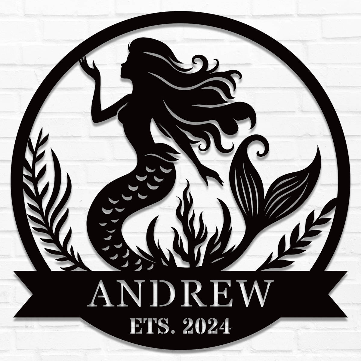 Custom metal mermaid sign featuring a graceful silhouette with sea plants, personalized with name and EST. date, laser-cut from steel and powder-coated. Main image