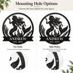 Comparison of no-hole and side-hole mounting options for a personalized mermaid metal sign.