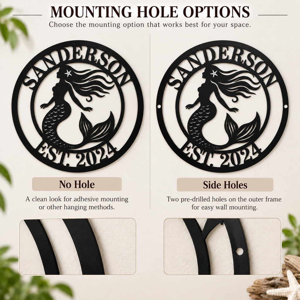 Mermaid metal sign comparison showing no-hole and two side-hole mounting options.