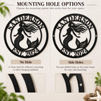 Mermaid metal sign comparison showing no-hole and two side-hole mounting options.